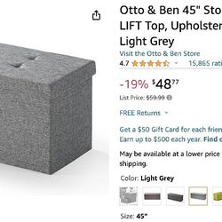 Otto & Ben 45" Storage Ottoman with SMART LIFT Top, Upholstered Tufted Bench, Foot Rest, Light Grey