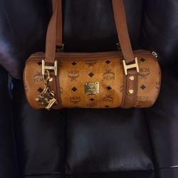 MCM Leather Barrel Bag With McM Bag Charm