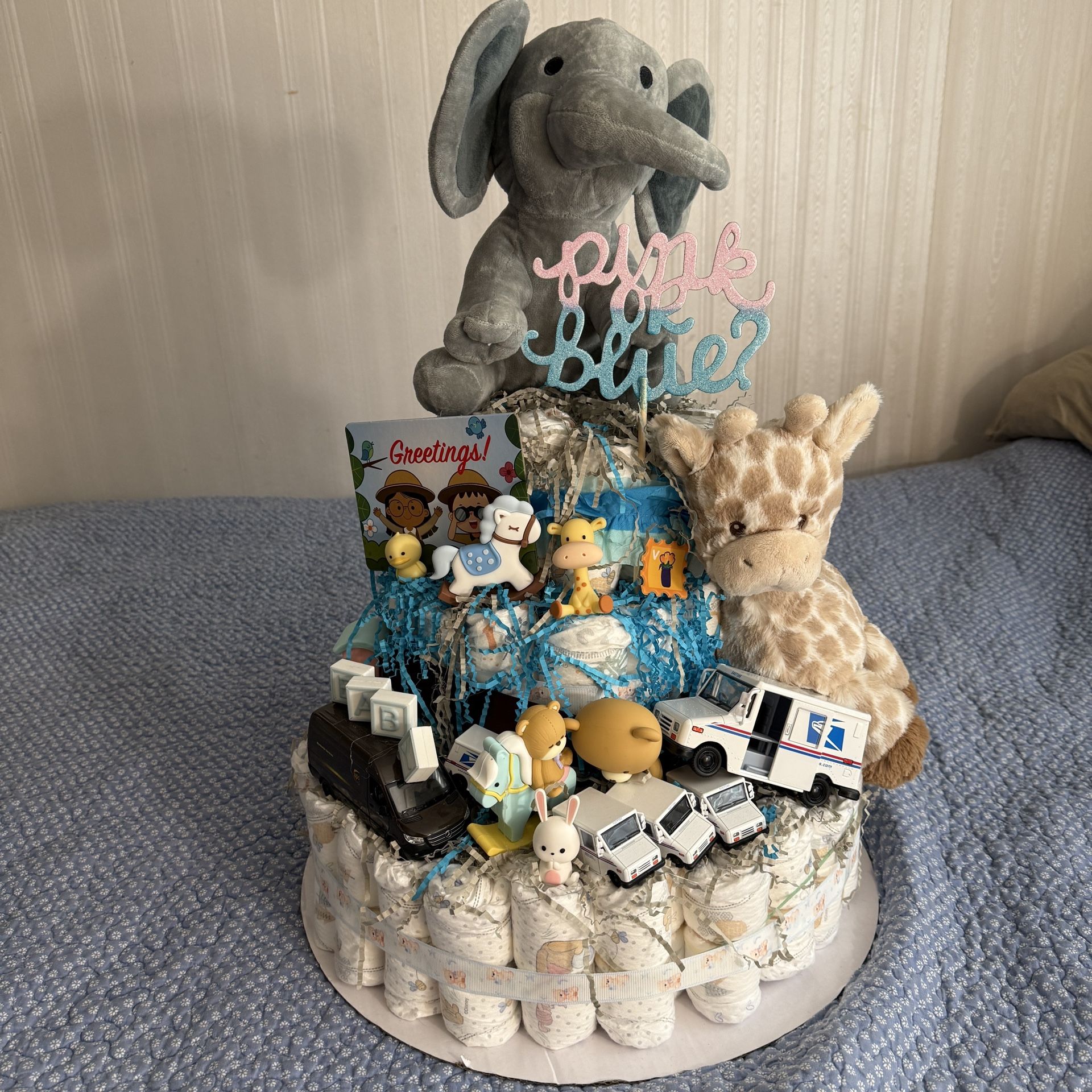 3-Tier Special Delivery Theme Pink or Blue? Diaper Cake, Great for Gender Reveal or Baby Boy Shower