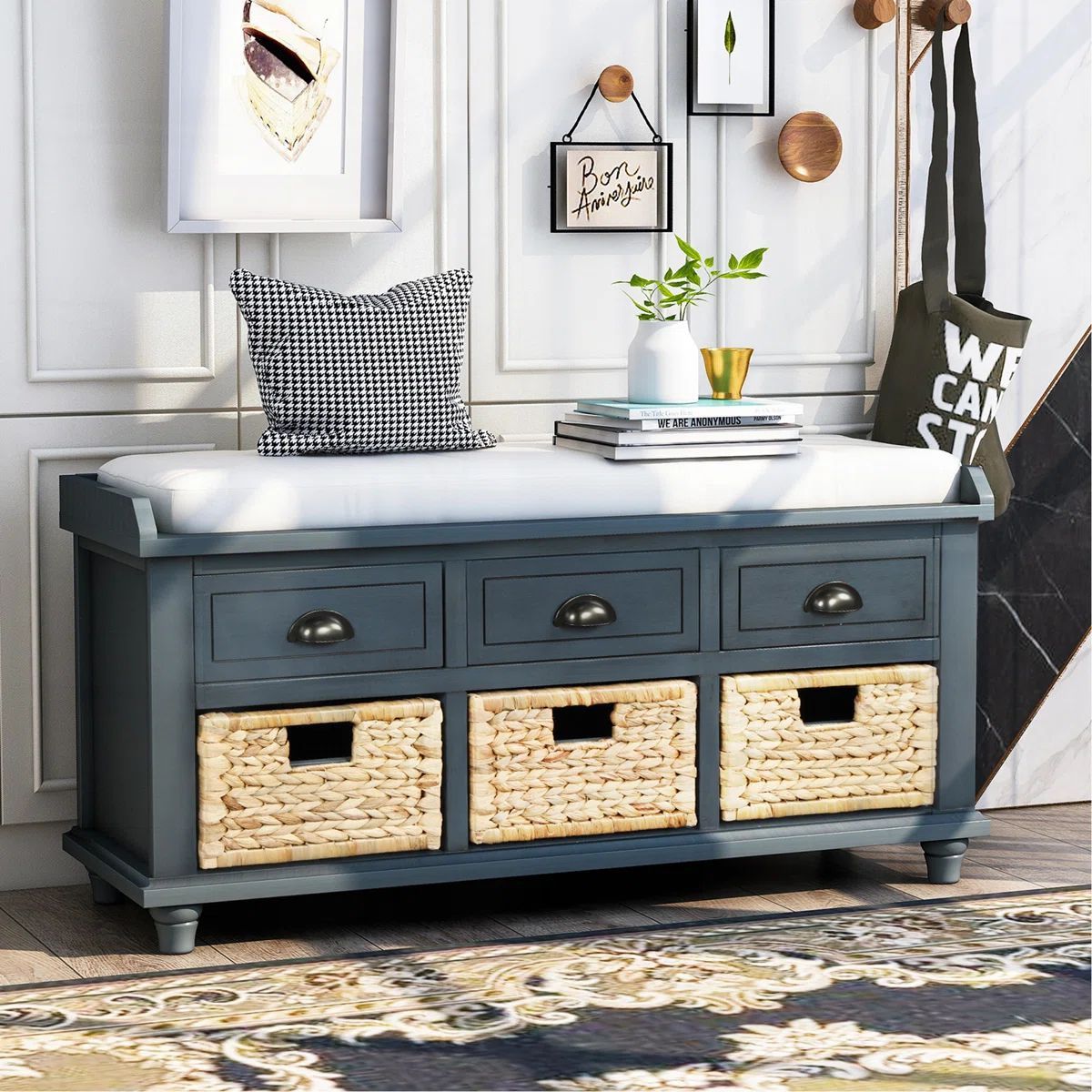 Rustic Storage Bench With 3 Drawers And 3 Rattan Baskets