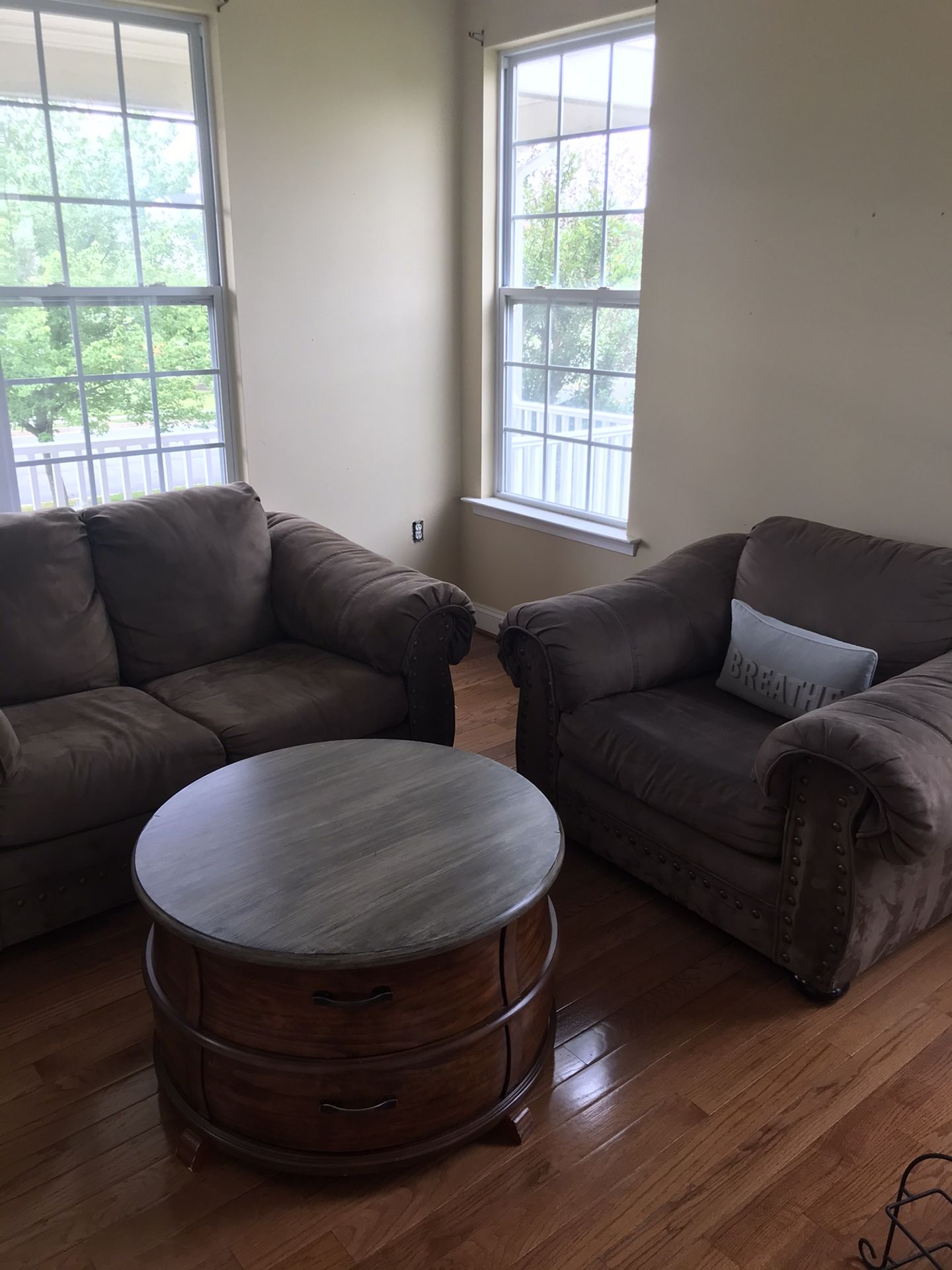 Brown suede / micro fiber love seat and over sized chair