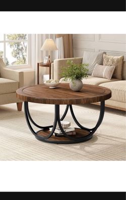 Rustic Brown Round Coffee Table (Industrial 2-Tier Design)