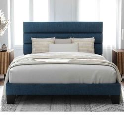 Allewie Queen Size Platform Bed Frame with Fabric Upholstered Headboard and Wooden Slats Support, Fully Upholstered Mattress Foundation/No Box Spring 
