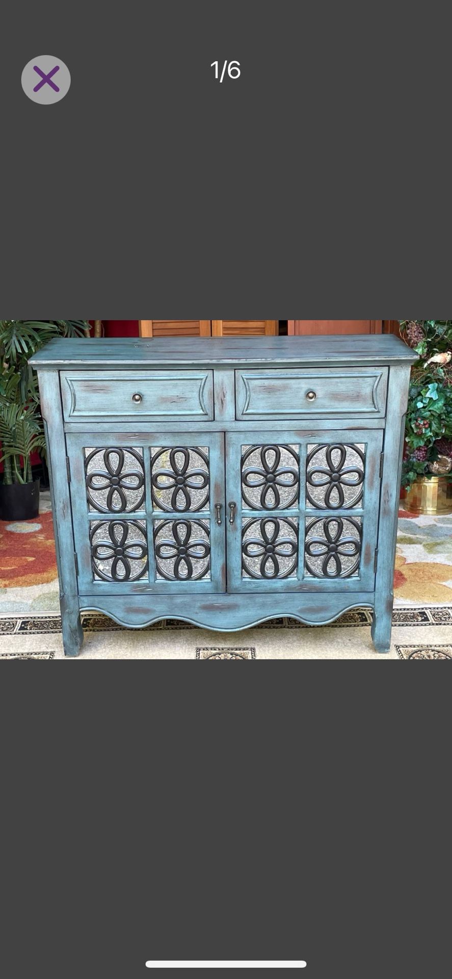 Mirrored 2-Door Carved Blue Accent Cabinet w Drawers - 36W x 32H x 12D 