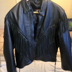 Women’s Fringed Black Leather XL Jacket W/ Liner