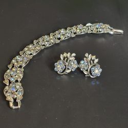Vintage BSK Aurora Borealis Floral Bracelet And Clip Earrings Demi-Parure Set