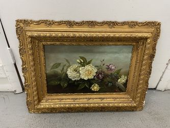 Oil On Canvas Floral Painting Gilt Frame 27”x15”