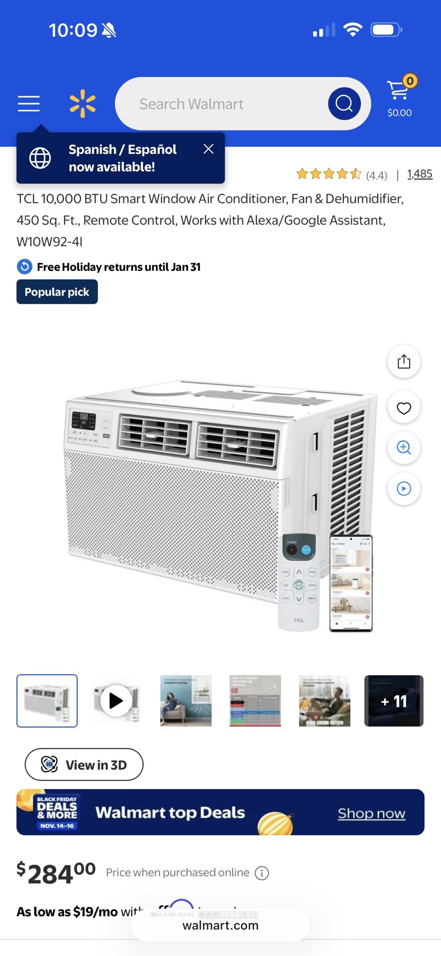 TCL 10,000 BTU Smart Window Air Conditioner, Fan & Dehumidifier, 450 Sq. Ft., Remote Control,