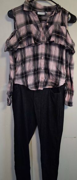 Pink Plaid Cold-Shoulder Button-Up Top