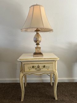 Nightstand and Floral Table Lamp