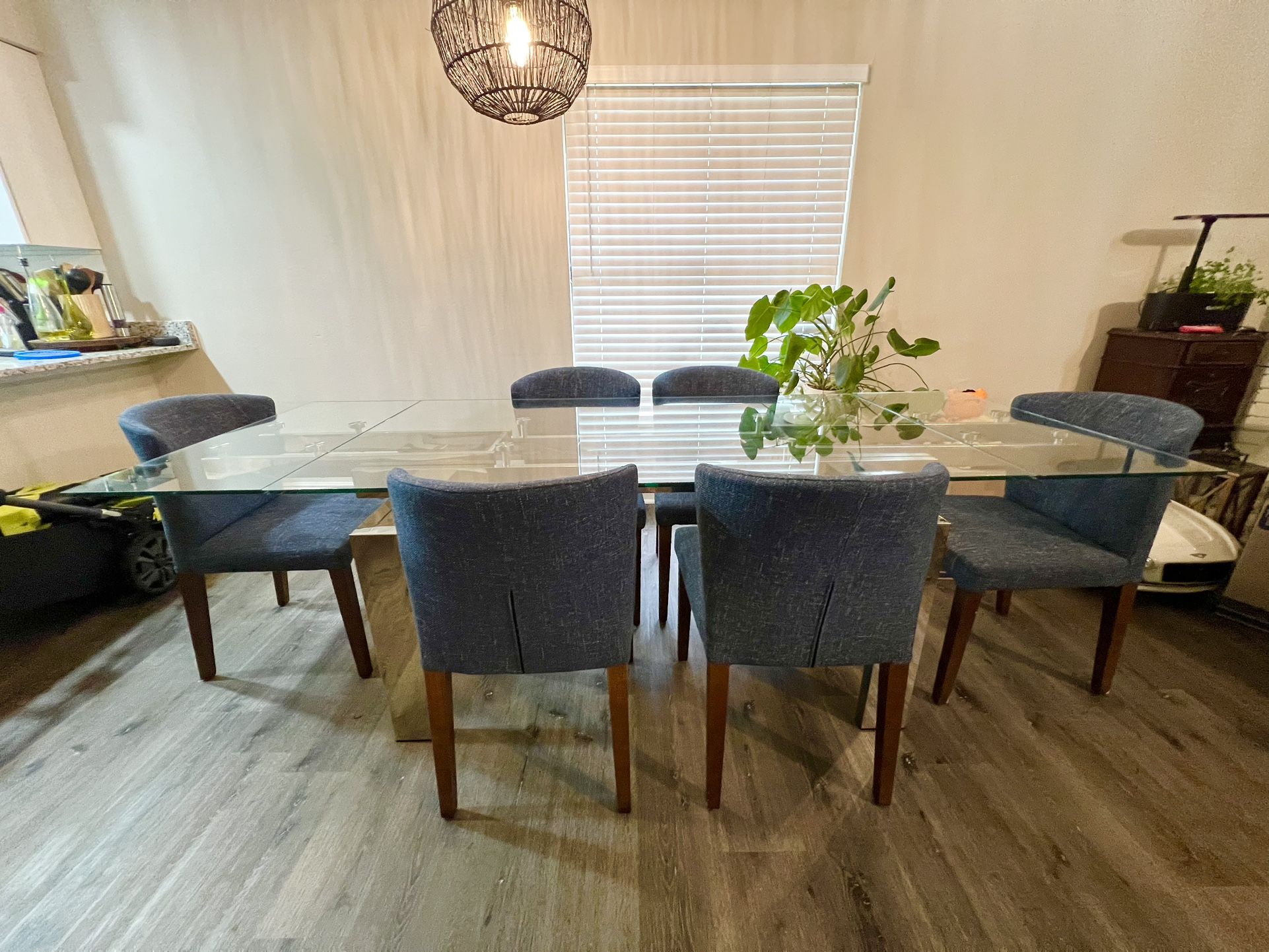Extendable Glass Top Metal Base Dining Table And 6 Chairs