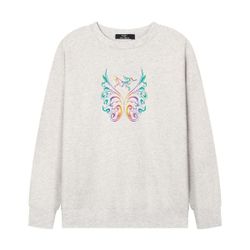 Arctery White And Gray Colorful Butterfly Bird Bone Print Long Sleeves