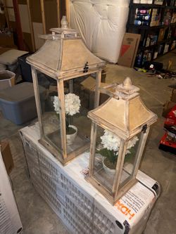 Rustic Wood and Glass Decorative Lanterns Set of 2