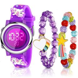 Yaomiao 3 Pieces Kids Unicorn Digital Sport Watches and Bracelets,7 Color Lights, Alarm, Stopwatch, 3D Waterproof Watch Gift for Girls 3-10 Years Old