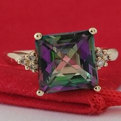 ⛔️RESERVED⛔️14k Size 6.75 Precious Solid Yellow Gold Mystic Topaz and Diamond Ring!👌🎁Post Tags: Anillo de Oro