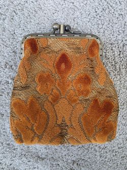 Vintage Orange Velvet Brocade Coin Purse Floral Kiss Lock Metal Frame Wallet