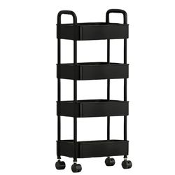 Brand NEW! 4-Tier Plastic Rolling Utility Cart with Handle, Multi-Functional Storage Trolley, Movable Storage Organizer with Wheels, Black