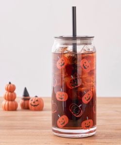Halloween Pumpkin Glass Tumbler with Straw