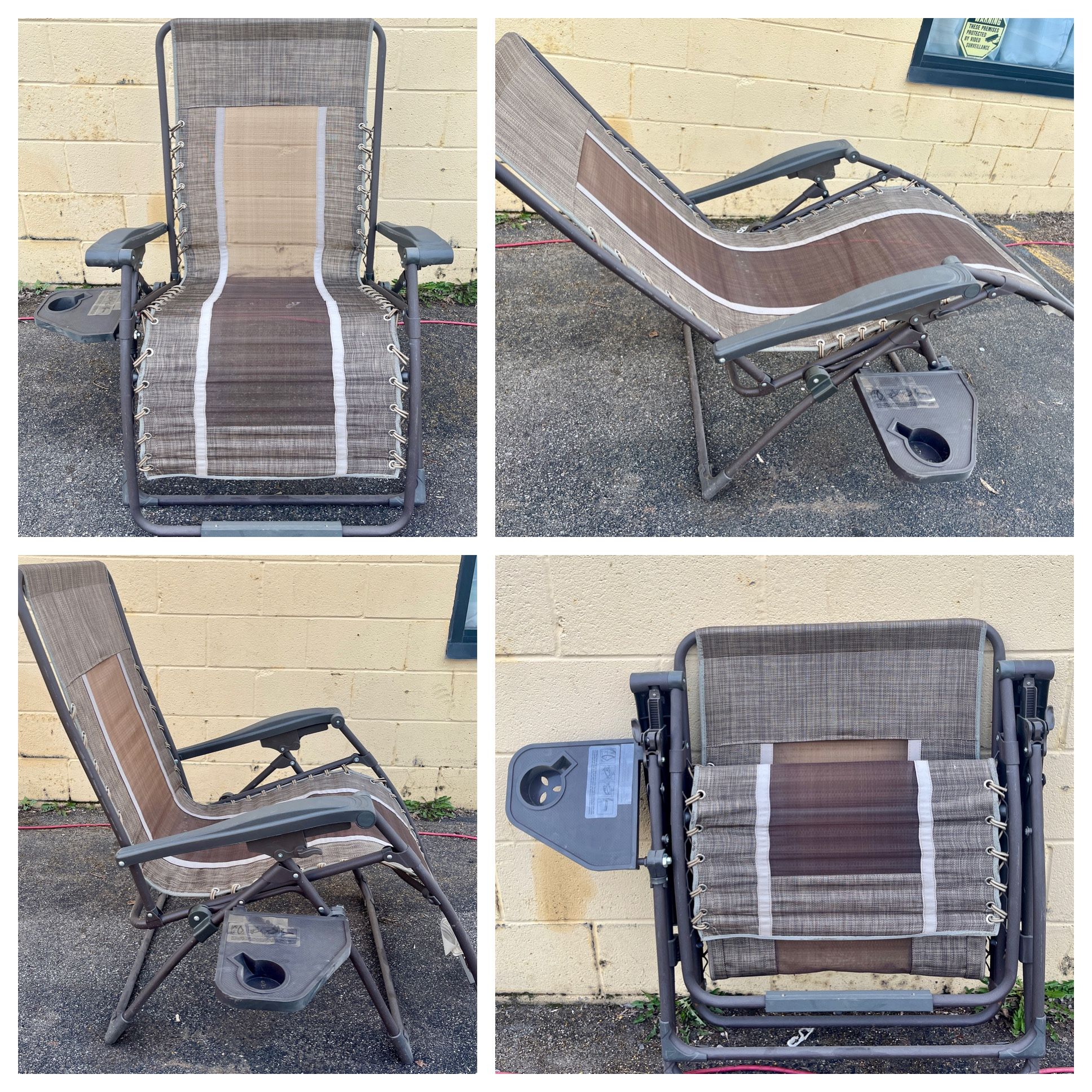 Folding Zero gravity outdoor chair with tray and cup holder. Free to ask, I reply.