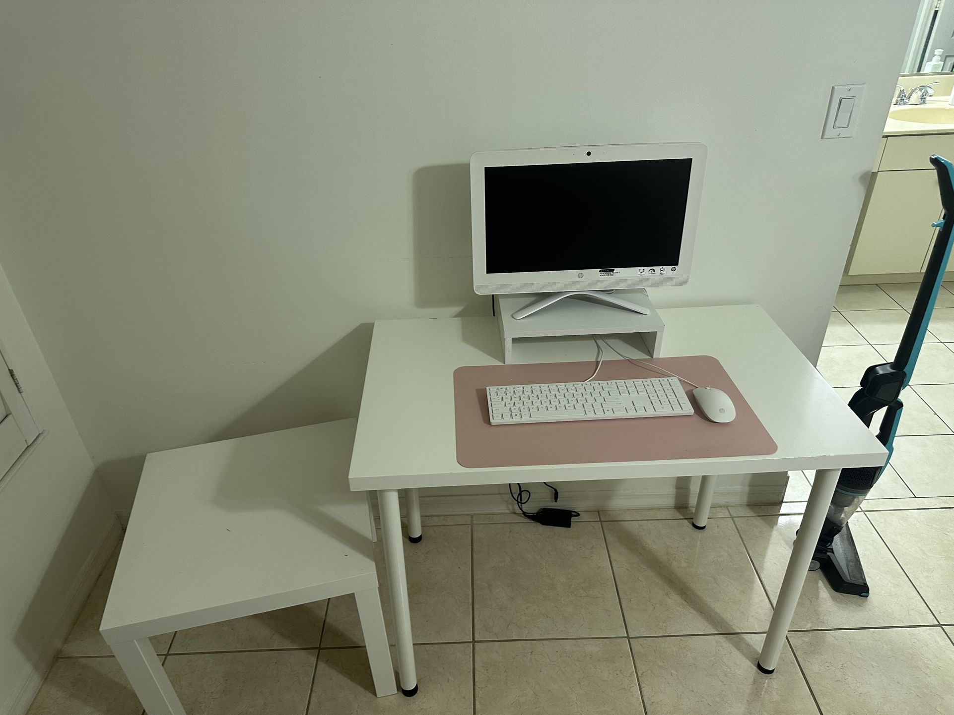white desk with side table