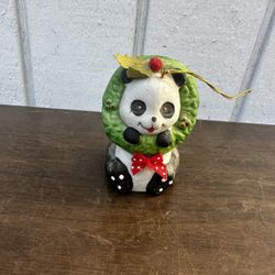 Vintage Giftco "Holly Bells" Panda Bear with Holiday Wreath, Hand Painted, Fine Bisque Porcelain Bell 80's Christmas Ornament, Panda Bell