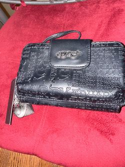 Ed Hardy Black Embossed Wallet Wristlet