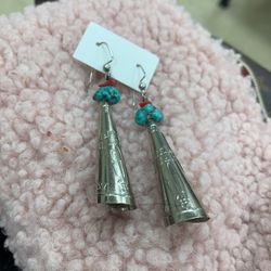 Adorable Rolled Silver Metal With Turquoise Enhanced Dangle Earrings 