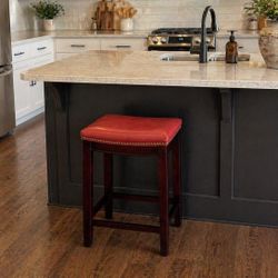 26" Counter Height Red Leather Bar Stool - Solid Wood, Nailhead Trim