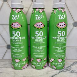 sunscreen spray 50 SPF, Walgreens brand, Watermelon scent. New
