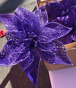 12Pcs Glitzy Purple Poinsettia Bushes Christmas Tree Ornaments, Glitter Poinsettia Flowers Christmas Decorations Purple