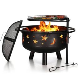 Wood Burning Fire Pit with Grill for Outside 30 Inch Outdoor Firepit with Cooking Grate Large Round Fire Pit Bowl with Poker & Spark Screen for Patio 