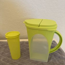 Vintage Tupperware neon Yellow pitcher and one Glass