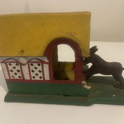 Cast Iron Bank Vintage Mechanical NOVELTY BANK Mule  Entering Barn