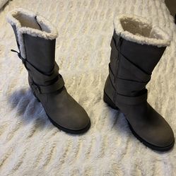 Grey faux suede boots with faux fur lining and side buckle detail