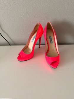 Prada Neon Pink Patent Leather Peep-Toe Heels