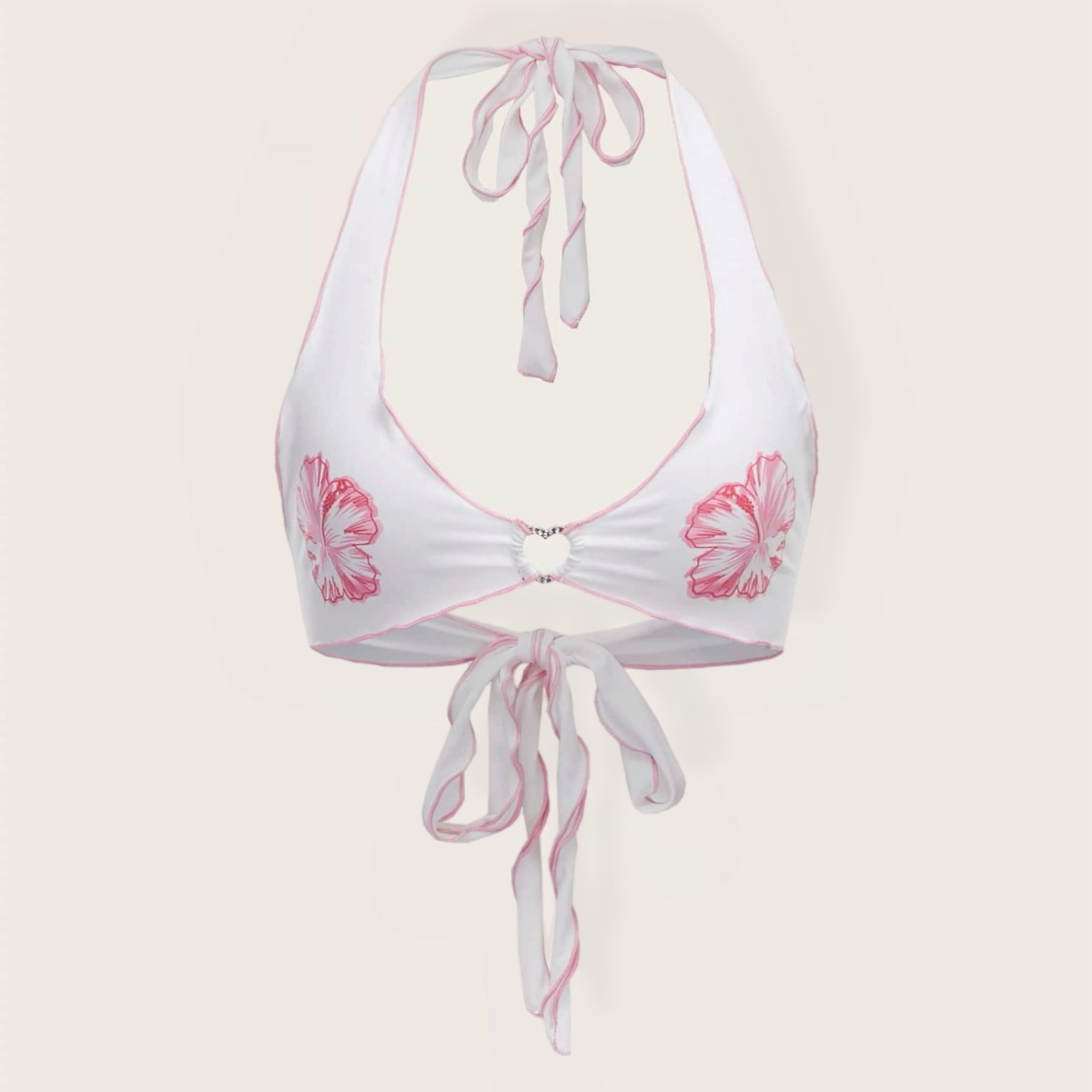 White Pink Floral Silver Rhinestone Heart Ring Backless Knot Halter Top - Small