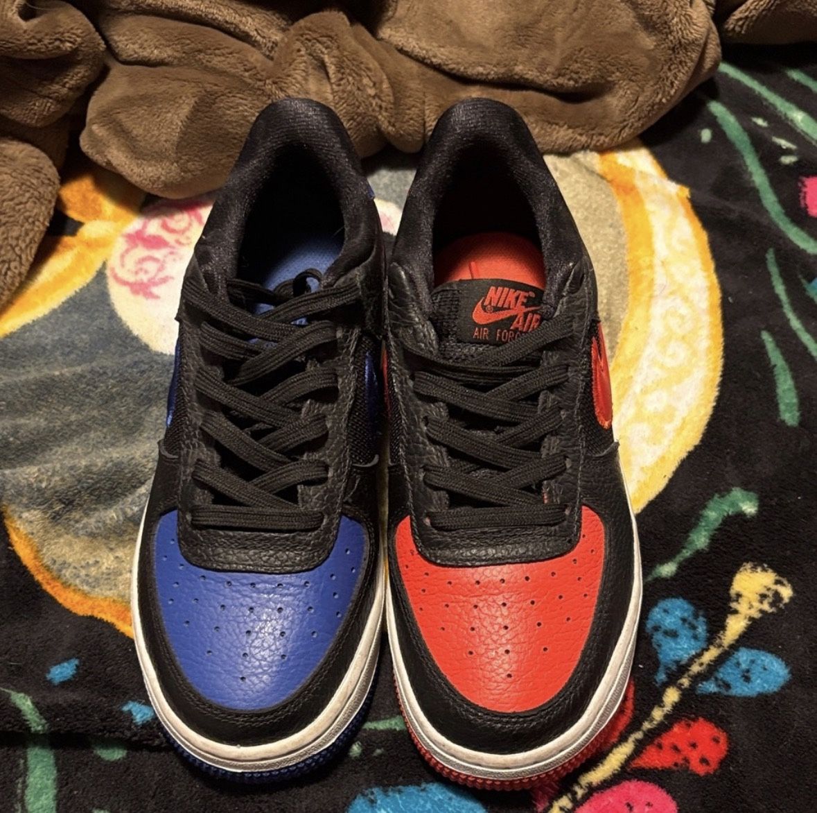 Nike Air Force 1 Black, Red, and Blue Sneakers