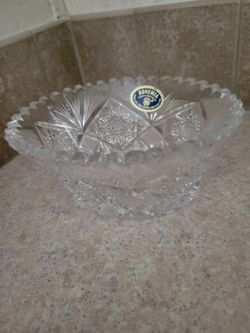 Czech Bohemian Hand Cut Crystal Oval Bowl With Sawtooth Edge