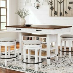 Valebeck - White / Brown - 5 Pc. - Counter Table With Wine Rack, 4 Swivel Stools
