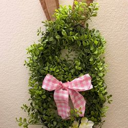 Easter Bunny-26” Shaped Wreath with Green Leaves & Bow, Festive Rabbit Ear, Front Door Window Hanging Decor for Easter Spring Home