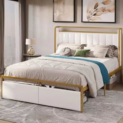 Queen size Upholstered Bed Frame with RGB Light, Drawers, No Box Spring Needed