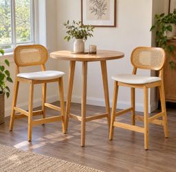 Set of 2 Rattan Bar Stools with White Cushions