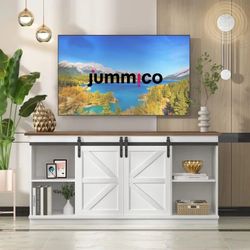 66 inch TV Stand with Storage Cabinets and Sliding Barn Doors for Living Room or Bedroom in Bright White