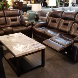Brand New Brown Leather Gel Manual Reclining Sofa + Loveseat With Cup Hoders 2PCs Set