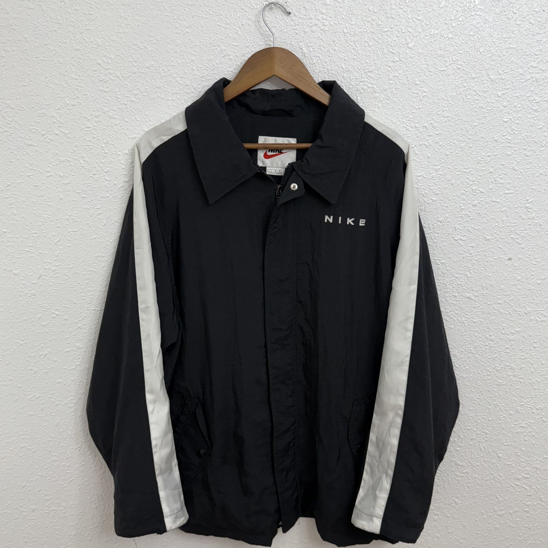 Men’s Nike Track Jacket Big Swoosh Zip Up 1990s size Large black and white Oversized
