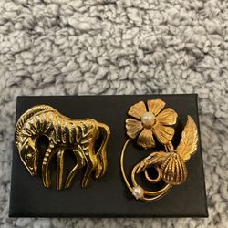 Vintage Goldtone Brooches.zebra And Flower With Pearls 