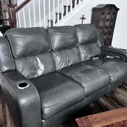Couch gray Leather On top - 2 Electric Recliners 1 On Each End - Only 1 Works