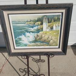 Small framed New England Lighthouse lithograph signed Thomas Nicholas With COA