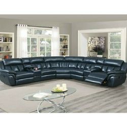Leather Gel Navy Blue Manual Recliner Sectional With 2 Storage Compartments And Cupholders Very Plush Firm Price $1,800 Financing Available 