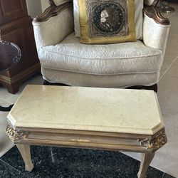 Vintage Marble Top Gold Wood Foot Stool / Table. 14” deep x 29” long and 16” high